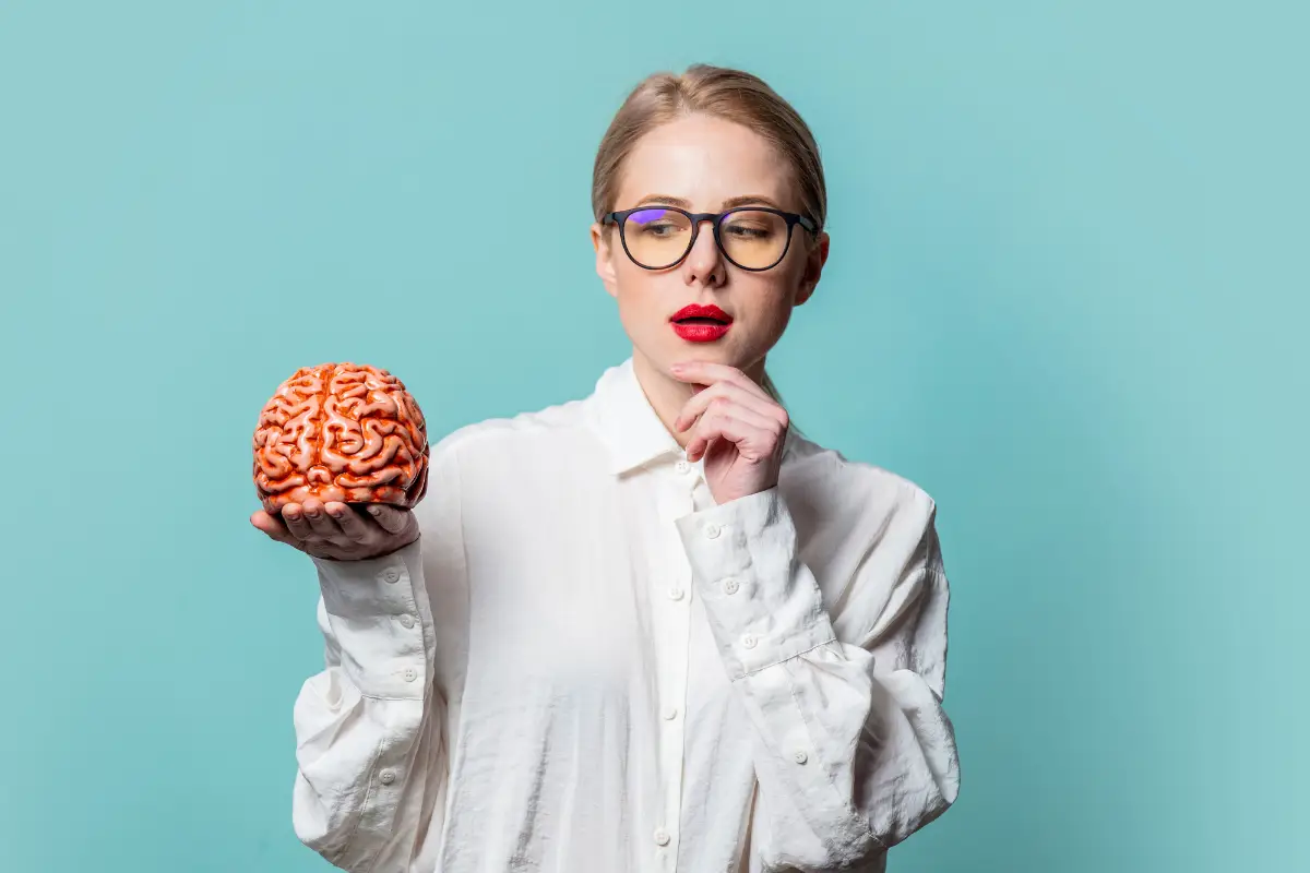 Woman in glasses and a white shirt holding a model brain with one hand under her chin, symbolizing curiosity, brain health, and the science behind menopause brain fog.