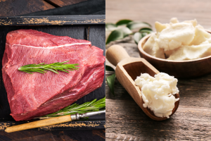 Carnivore meal comparison: butter vs lean steak, illustrating high-fat and high-protein phases for women